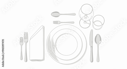 Elegant Place Setting: Dinner Plate, Cutlery, Napkin, and Glasses - Top View