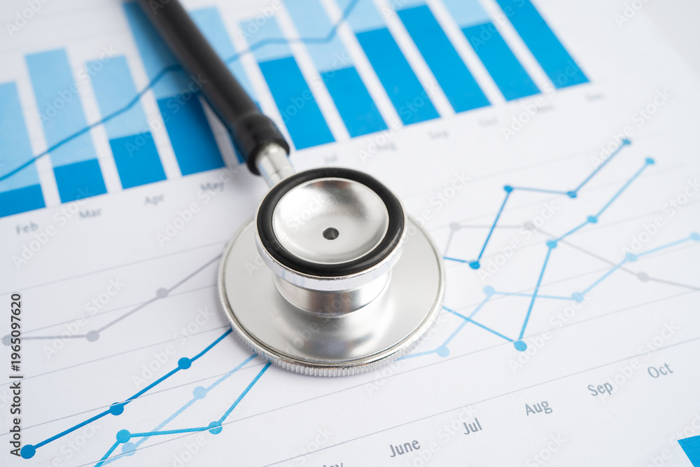 Fototapeta premium Stethoscope on chart or graph paper, Financial, account, statistics and business data medical health.