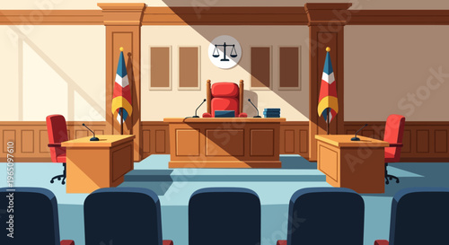 Illustration of an empty courtroom with a judge's bench and seating area in a formal, official setting.