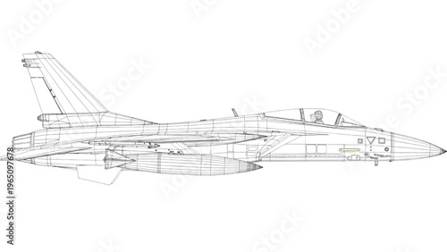 Airplane blueprint, top view of fighter jet, schematic drawing
