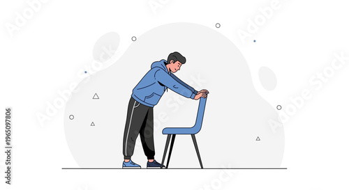 Man in hoodie stretching with chair, minimalist illustration, fitness concept