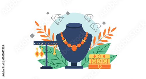 Flat lay illustration of jewelry display with necklace earrings and diamonds on a green and orange background