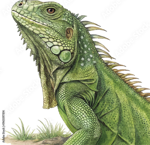 Close up of beautiful looking green iguana is relaxing in the nature