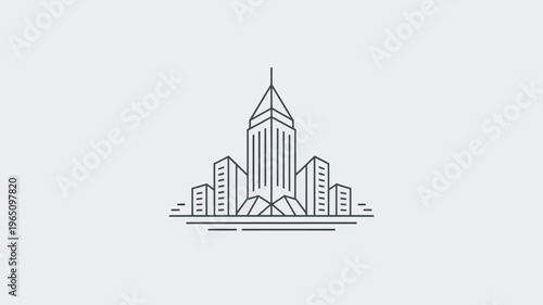 A sleek outline icon presenting a modern cityscape featuring several tall buildings and a prominent central skyscraper, representing urban development, real estate.