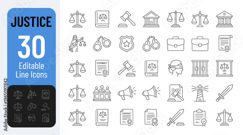 Justice and law editable line icons on white background for legal concepts