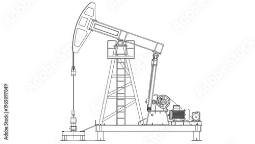 Technical line drawing of an oil pumpjack, representing industrial energy production