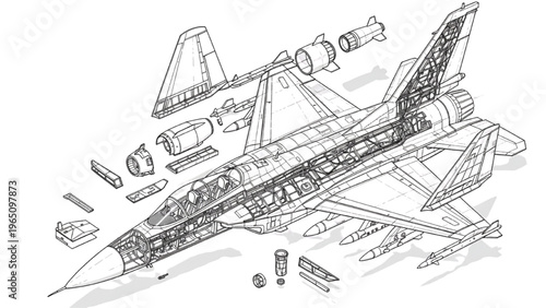 Detailed Technical Blueprint Diagram of a Fighter Jet Aircraft