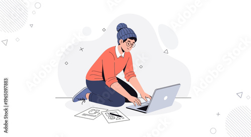 Creative Woman Working Remotely on Laptop with Sketches