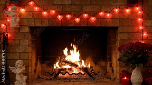 Cozy Fireplace with Valentine Decorations Mid Shot Warm Romantic Interior