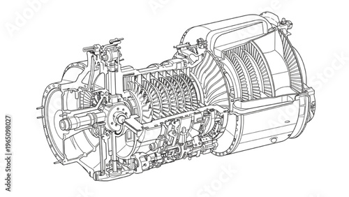 Precision technical blueprint illustration of a complex jet engine turbine cutaway