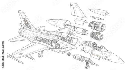 Airplane Jet Fighter Components Technical Illustration Disassembled