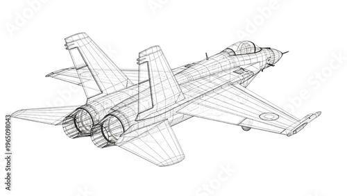 Aerodynamic wireframe rendering of an advanced tactical jet fighter blueprint