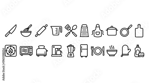 Kitchen Utensils and Appliances Icons on White Background