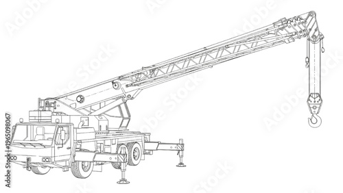 Outline of a heavy-duty mobile crane with extended boom and hook