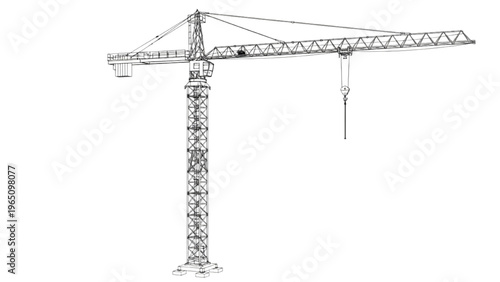 Wireframe outline of a robust industrial tower crane used in urban construction projects