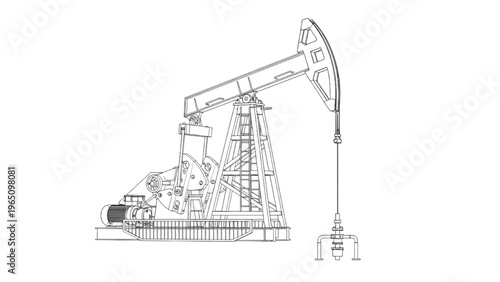 Detailed blueprint of an oil pumpjack, symbolizing global energy production and industrial processes