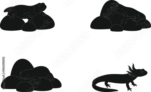 Reptile and amphibian silhouettes on rocks in four poses, cartoon anatomy illustration, nature behavior concept, gilled creature, white background