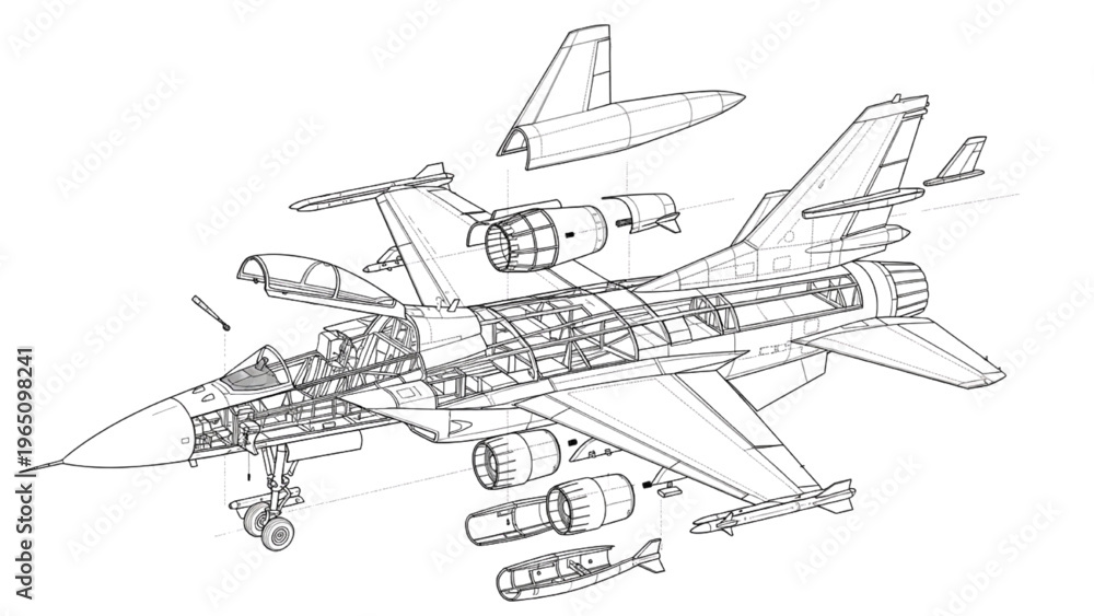 Fototapeta premium Detailed exploded view blueprint of a modern supersonic fighter aircraft