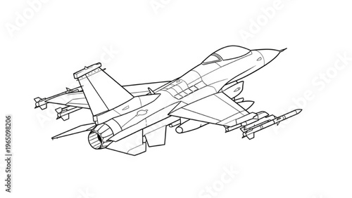Military fighter jet aircraft line drawing illustration