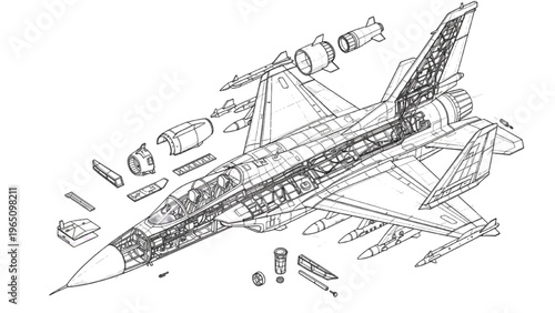 Detailed blueprint illustration of a fighter jet's internal structure and components