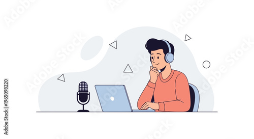Man with Headphones Recording Podcast with Laptop and Microphone