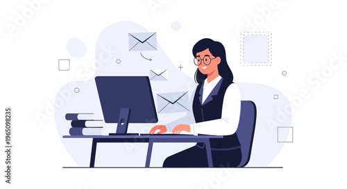 Woman working on computer sending emails, modern office illustration
