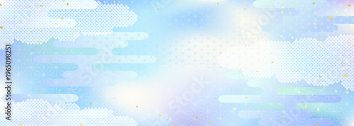 空や水のようなグラデーションと伝統模様を合わせた和風背景イラスト