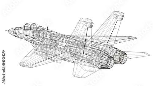 Digital visualization of a modern military aviation aircraft wireframe blueprint design