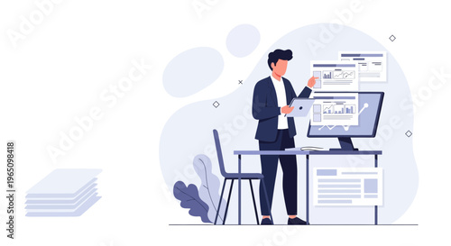 Man in suit analyzing data on computer and tablet, modern office workspace, business analytics concept