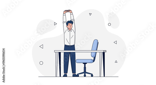 Man stretching arms at office desk, taking a break from work, healthy lifestyle