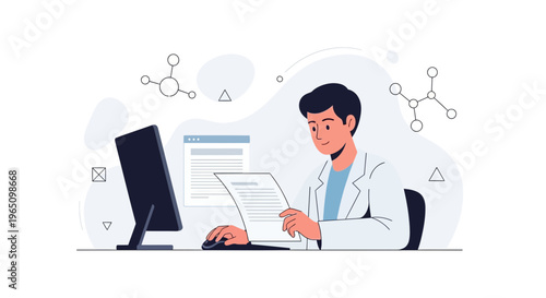 Scientist working on computer with molecular structures, research and development concept