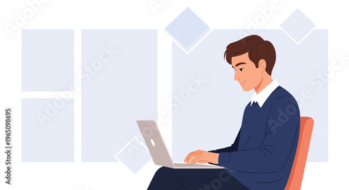 Young man working on laptop, modern office, digital workspace, focus, concentration