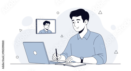 Man learning online via video call, writing notes on laptop, remote education concept