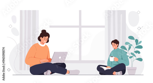 Two people relaxing at home, one working on a laptop, the other reading with coffee.