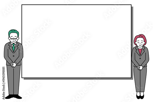 ホワイトボードとお辞儀をする中年のスーツの男女