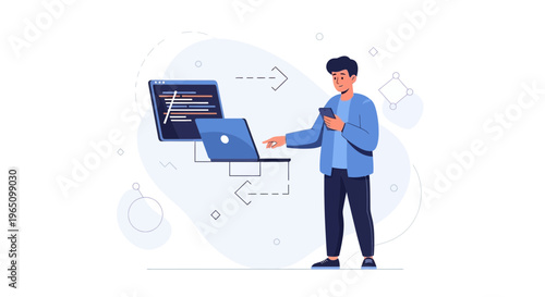Programmer working on laptop and phone, coding and technology concept