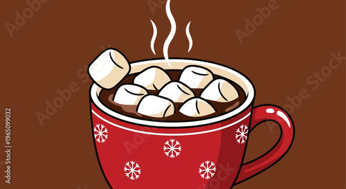A steaming vector eps illustration of hot chocolate with marshmallows in a festive mug.