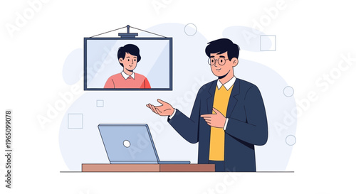 Business meeting online: man in suit video conferencing with colleague on screen