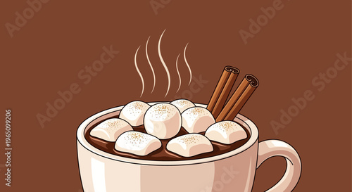 A vector eps illustration of hot chocolate with marshmallows and cinnamon sticks.