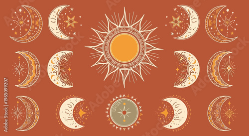 The vector eps illustration shows celestial sun moon phases on a brown background.