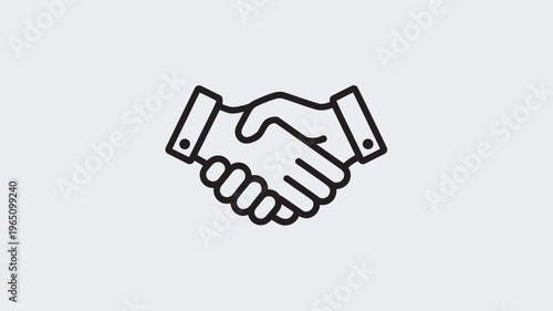A clean and professional outline icon depicts two hands firmly clasped in a handshake gesture, universally symbolizing agreement, partnership, collaboration, welcome, or successful business dealings.