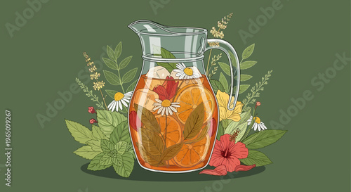 Vector eps illustration of a pitcher filled with herbal tea and flowers on a green background