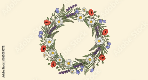 A vibrant floral wreath made of vector eps flowers and leaves on a beige background.
