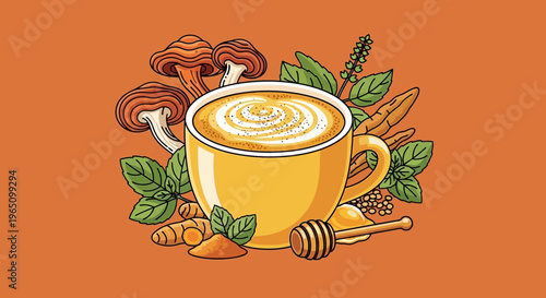 A vibrant vector eps illustration of a cup of coffee surrounded by mushrooms and spices.