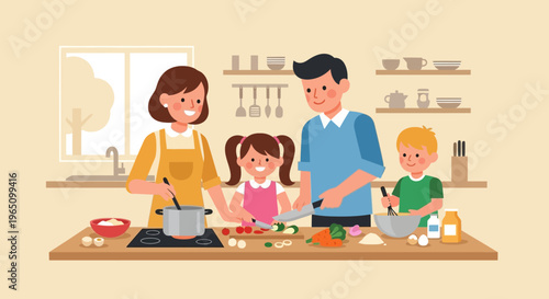 Family cooking together in kitchen vector eps illustration of happy people