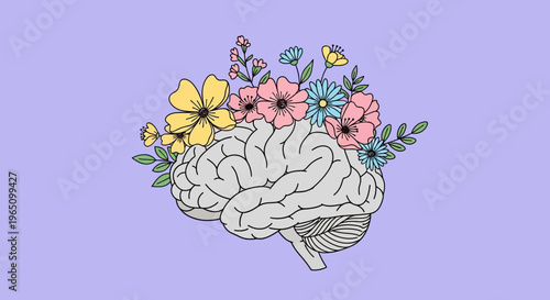 A vector eps illustration of a brain filled with colorful flowers on purple background.