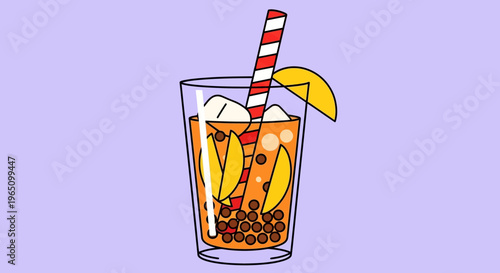 A refreshing drink with banana, straw, and lemon, eps vector illustration on purple