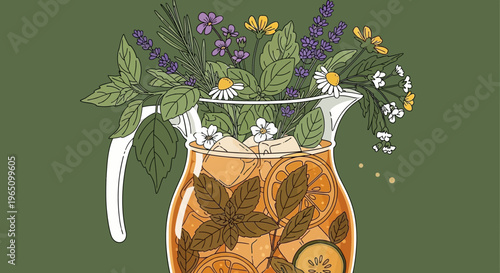 Vector eps illustration of a pitcher with iced tea and fresh flowers on a green background