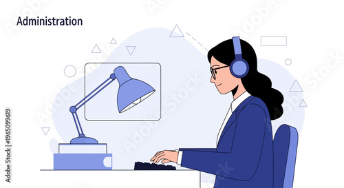 Administrative worker with headphones typing at desk with lamp and books