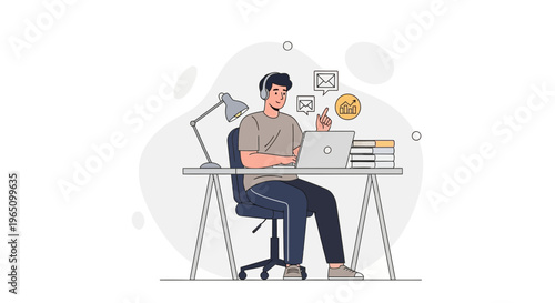 Young man working on laptop with headphones, online communication and learning concept
